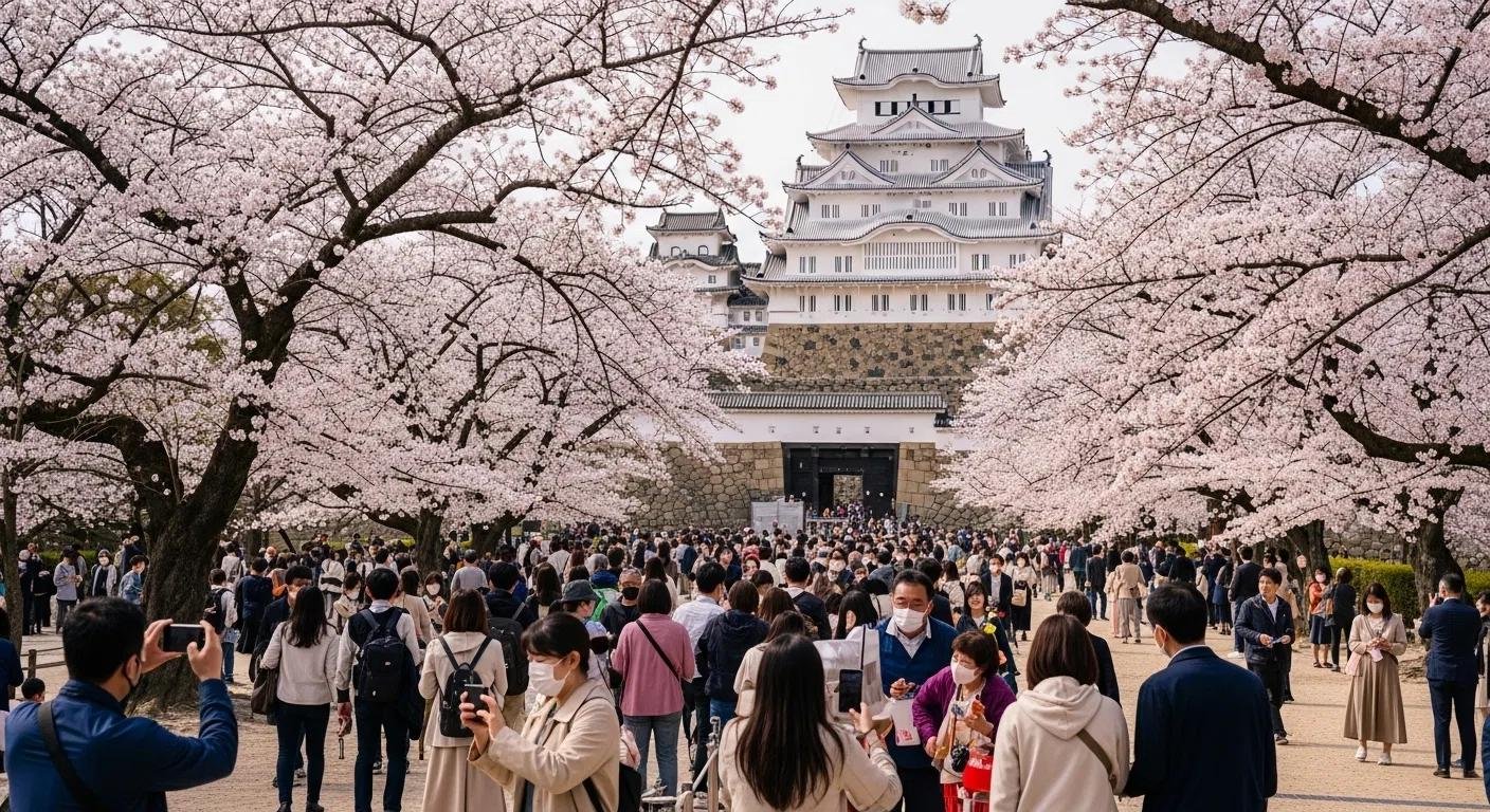 Himeji Castle surrounded by seasonal blossoms.
