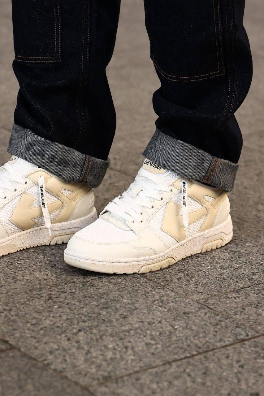 Models wearing different Off-White sneaker silhouettes.