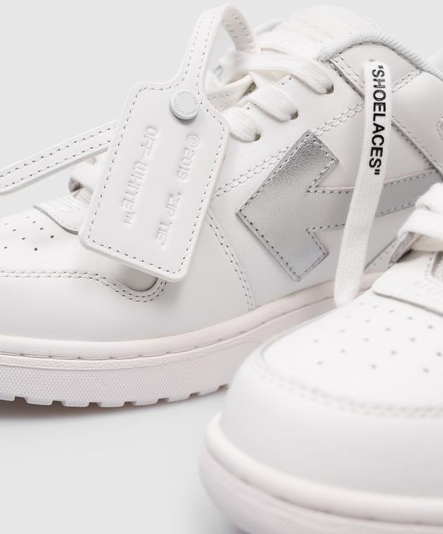 Close-up details of Off-White sneaker leather, mesh, stitching and rubber soles.