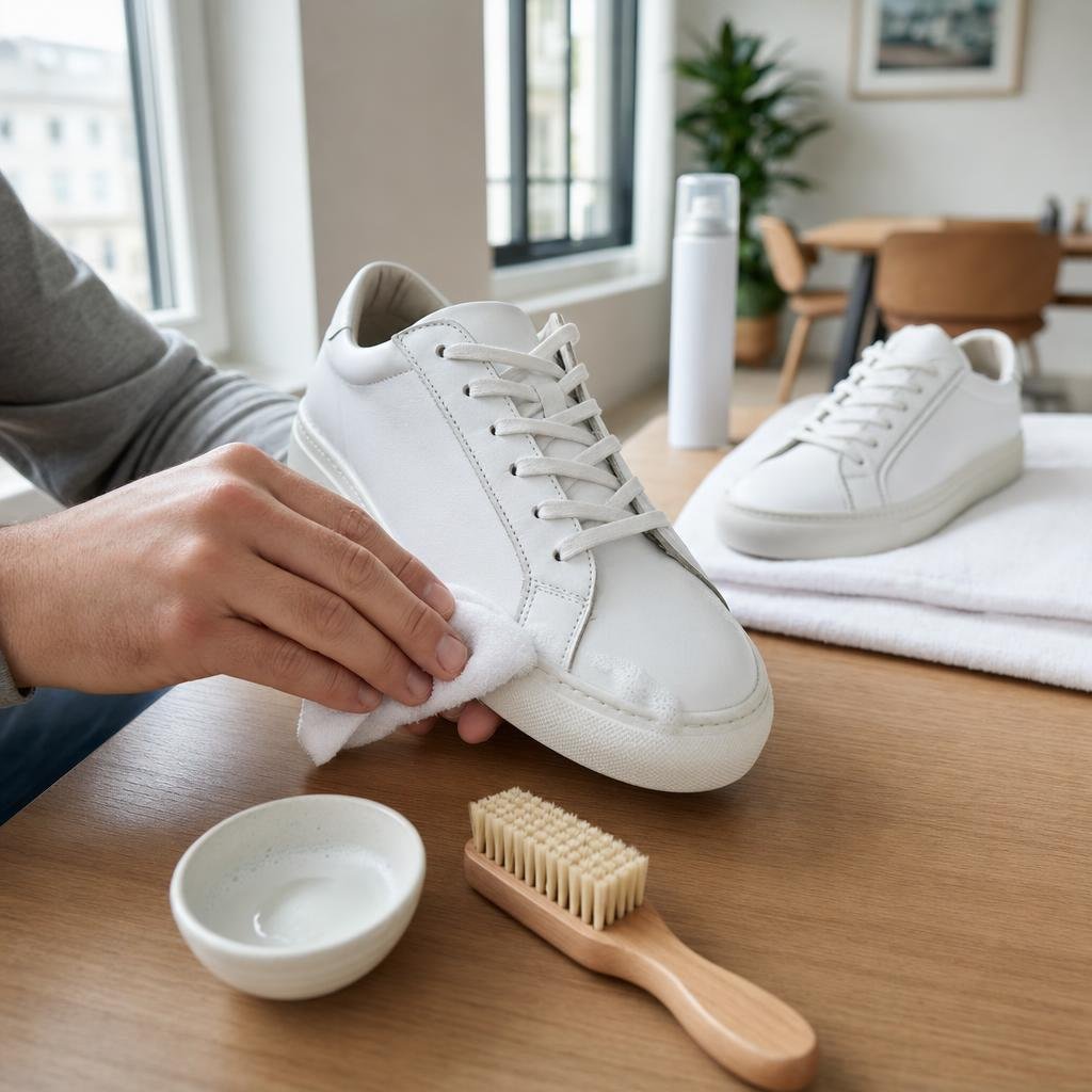 Designer leather and mesh sneakers being cleaned with a soft brush and cloth.