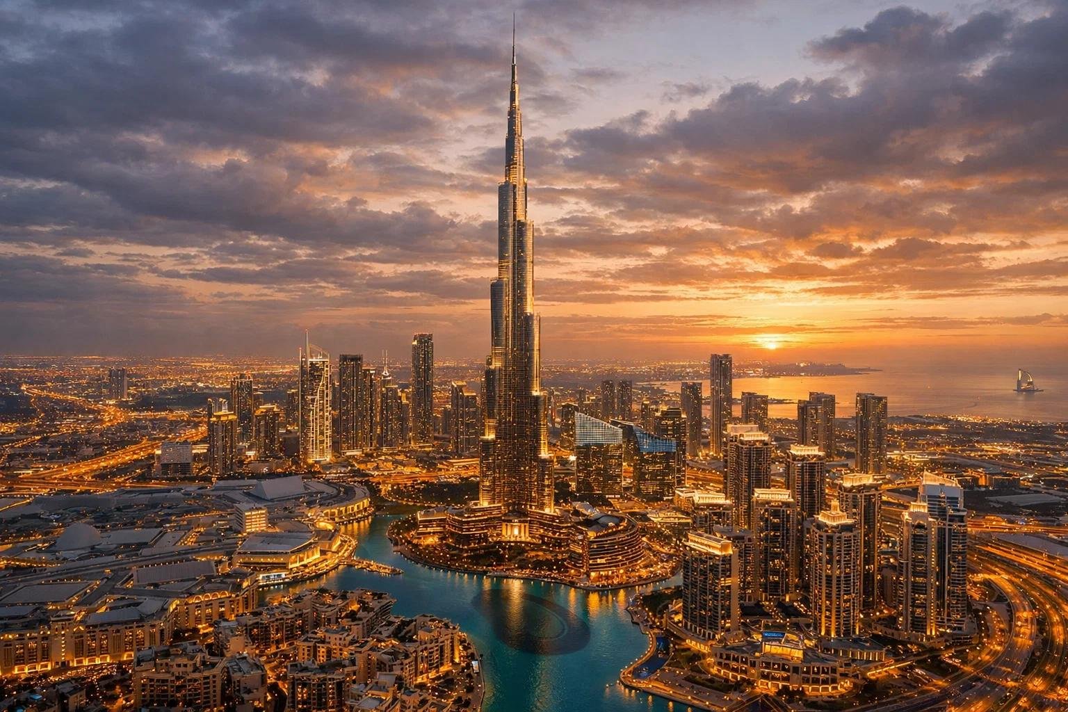 Burj Khalifa illuminated above Downtown Dubai at night.