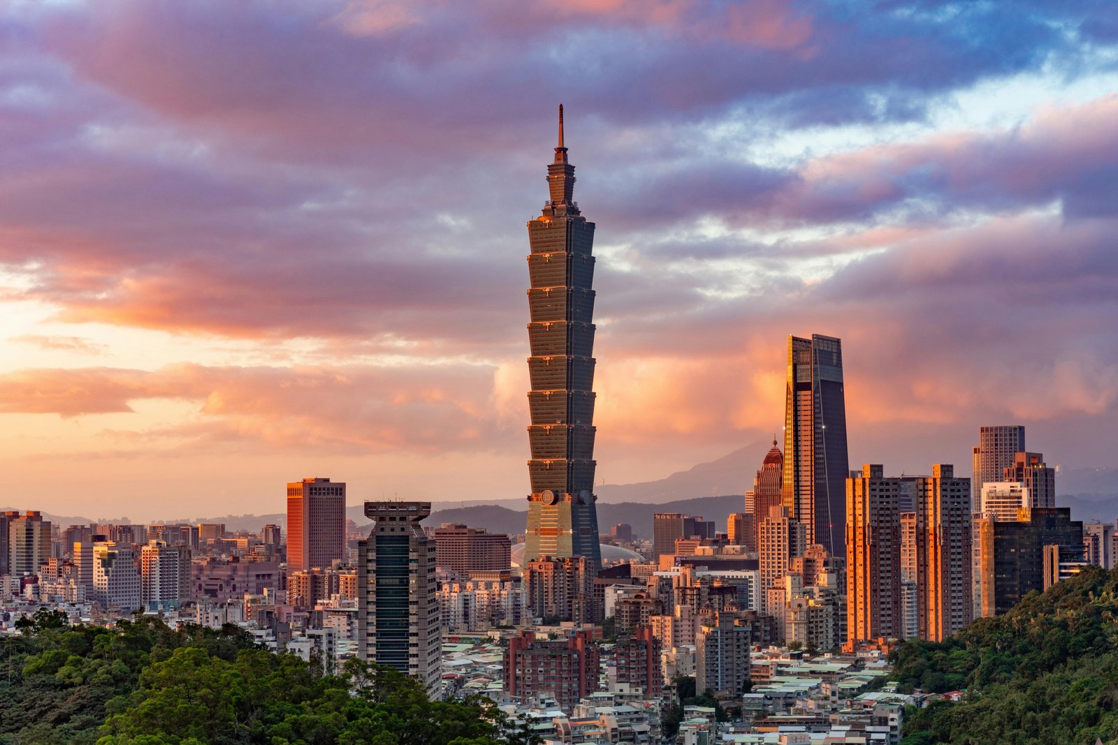 Panoramic Taipei view from the Taipei 101 Observatory.