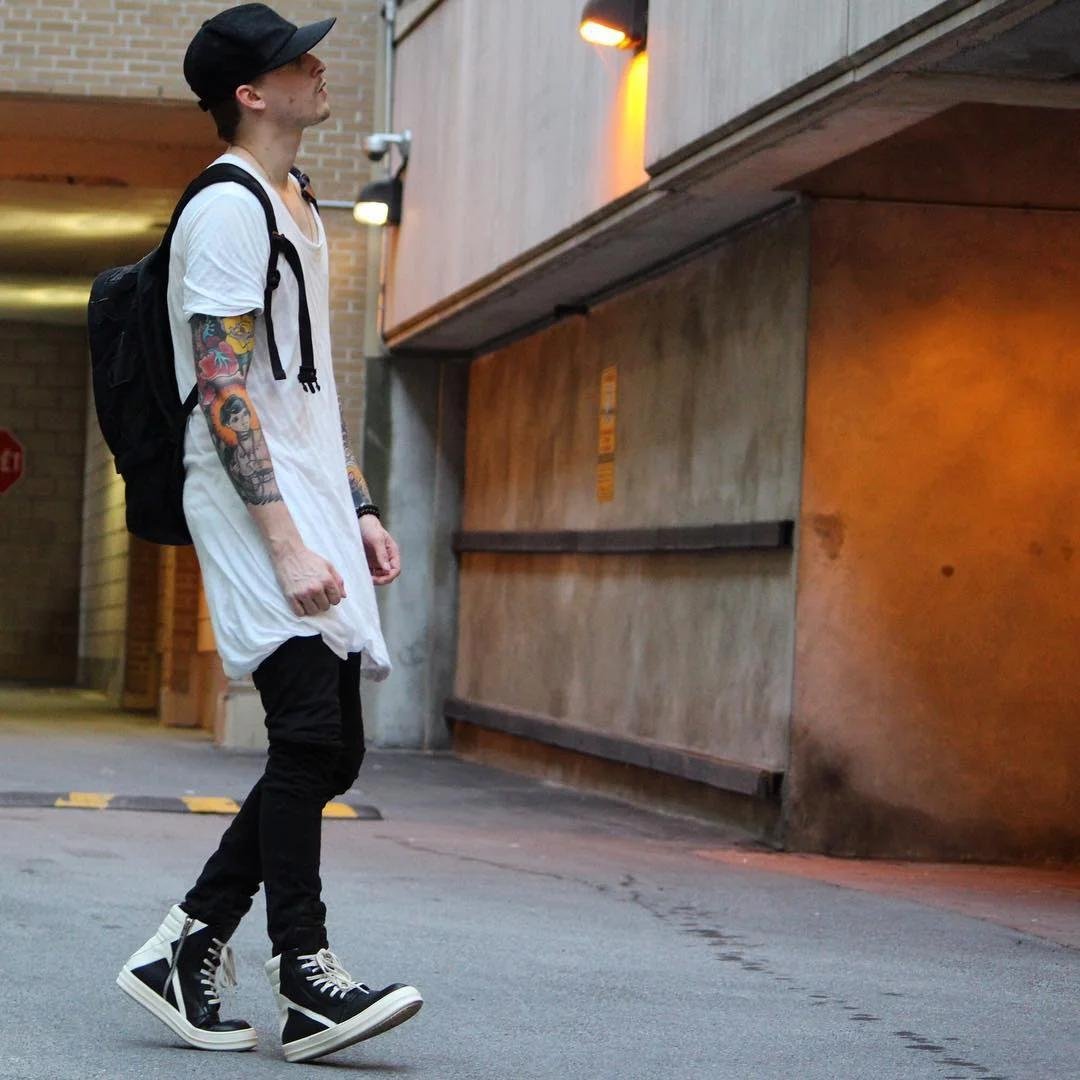 Rick Owens sneakers being worn in an everyday street setting.