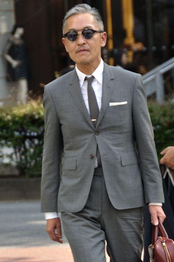 Editorial view of a Thom Browne tailored suit.