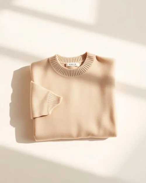 Luxury beige cashmere crewneck sweater folded on a clean neutral surface