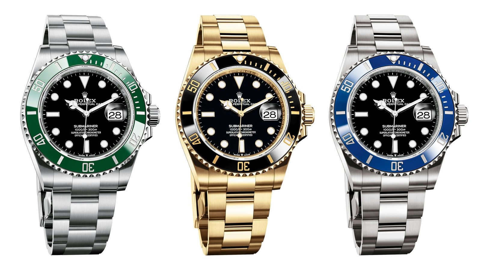 Rolex Submariner Date models in steel, yellow gold and white gold.