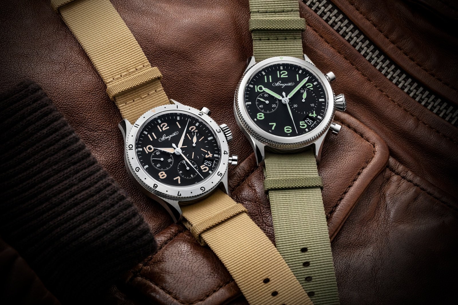 Two Breguet aviation chronographs worn with casual layers.