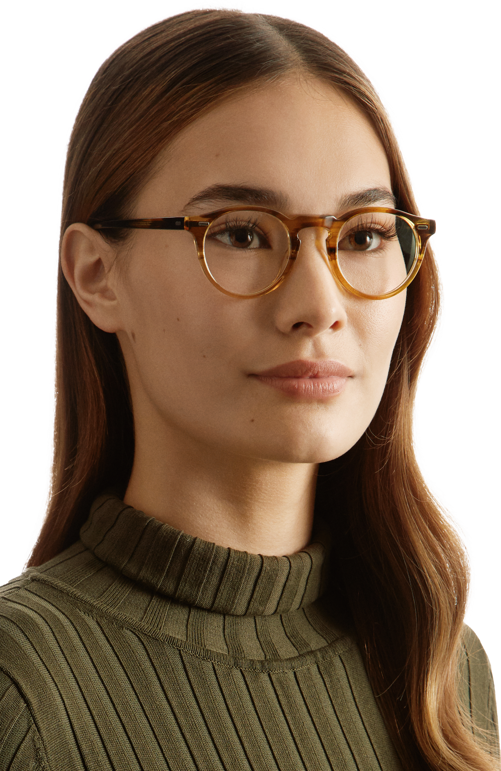 Model wearing rounded Oliver Peoples Gregory Peck optical glasses