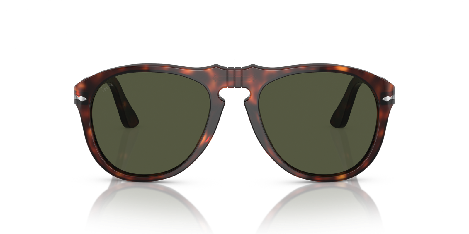 Front view of Havana Persol 649 Original sunglasses with green lenses.