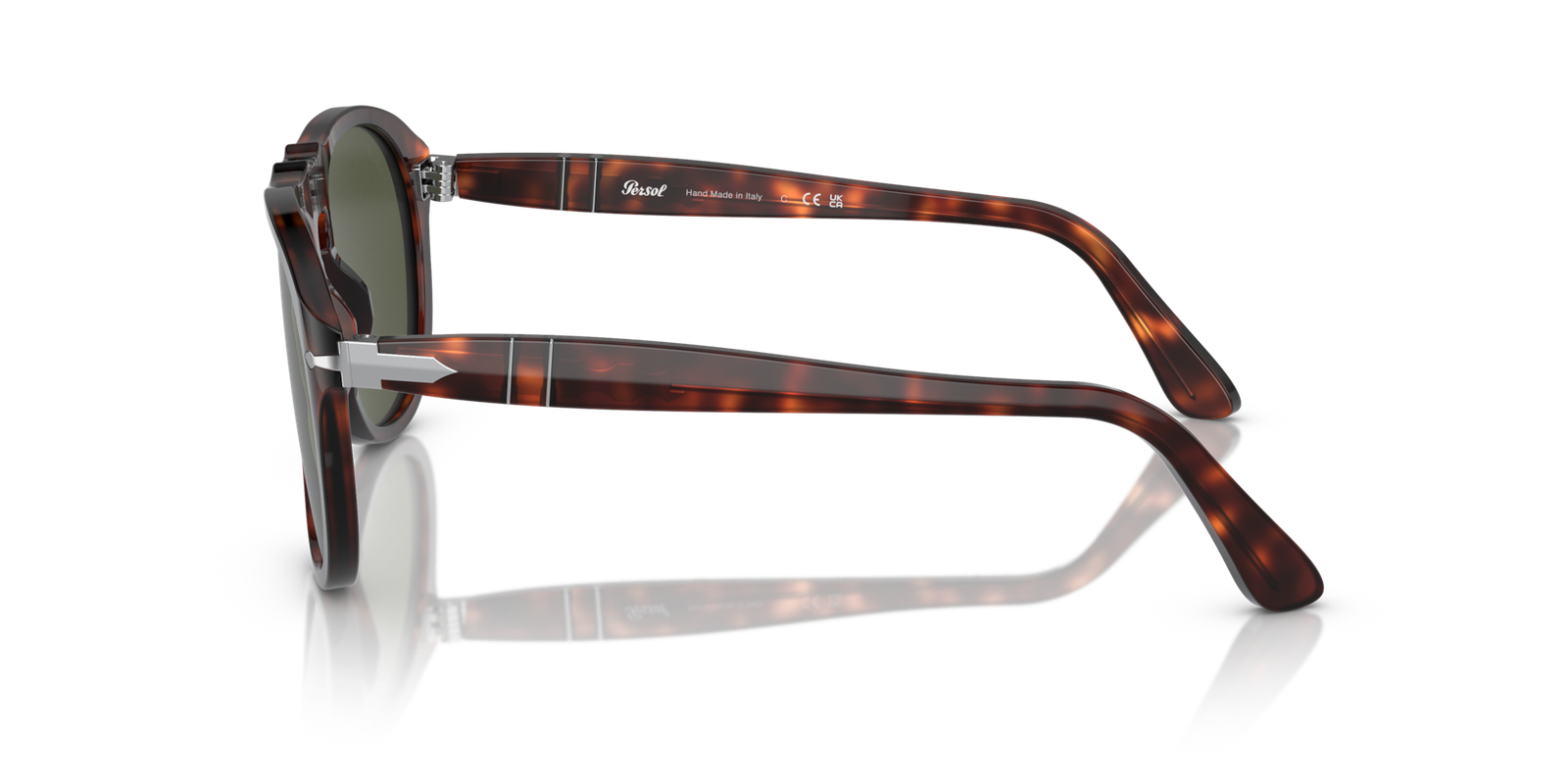 Side view of Havana Persol 649 sunglasses showing the metal arrow and temple construction.