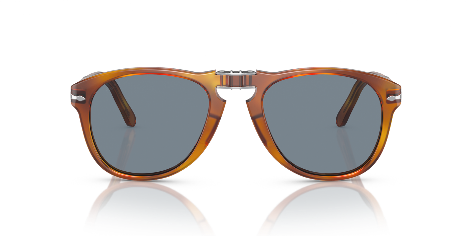 Persol 714SM Steve McQueen sunglasses in Light Havana with blue lenses.