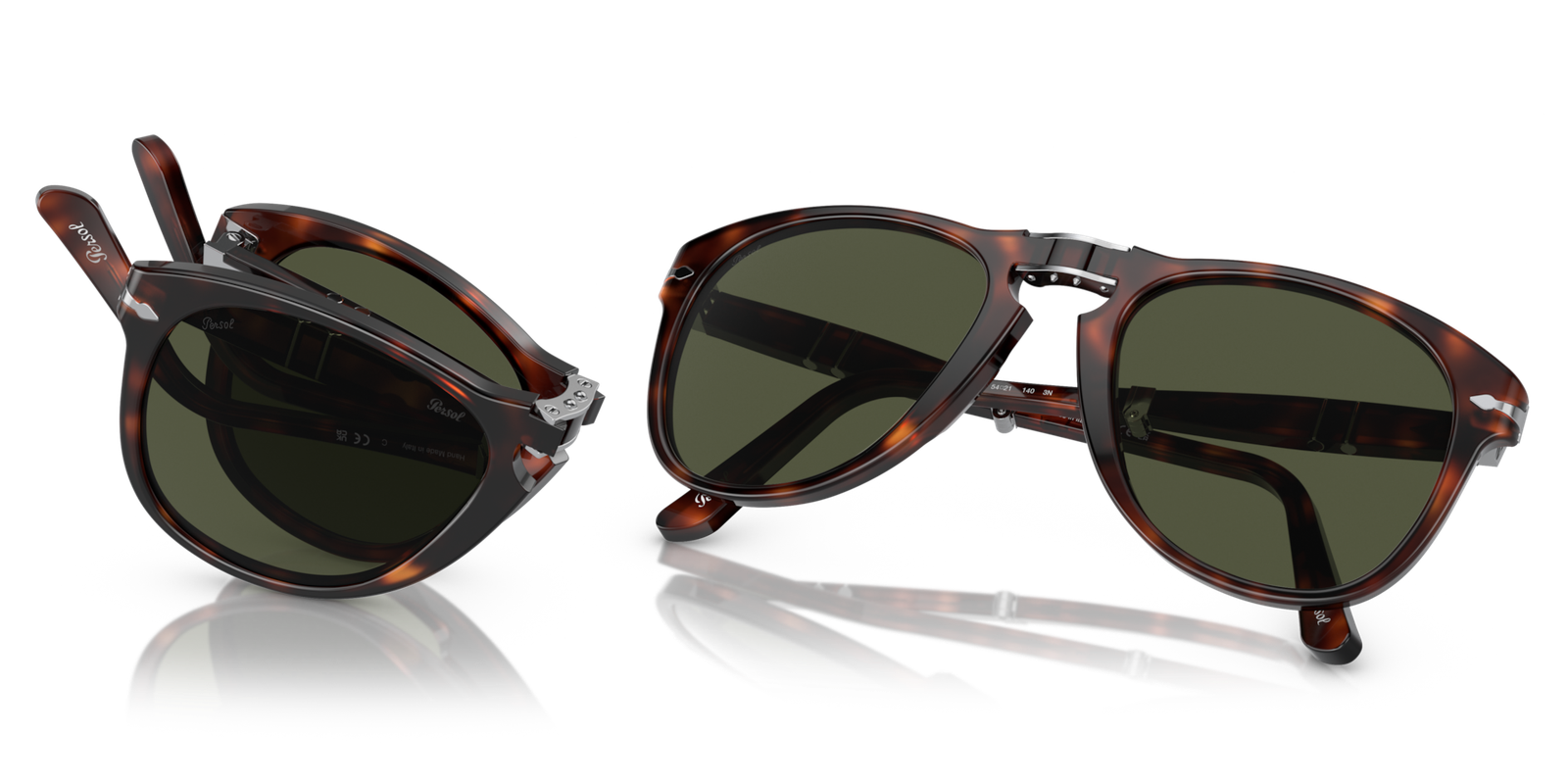 Persol 714 Original shown open and folded to illustrate its folding construction.