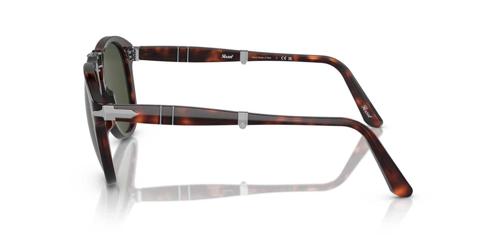 Side view of Persol 714 acetate temples, arrow detailing and folding joints.