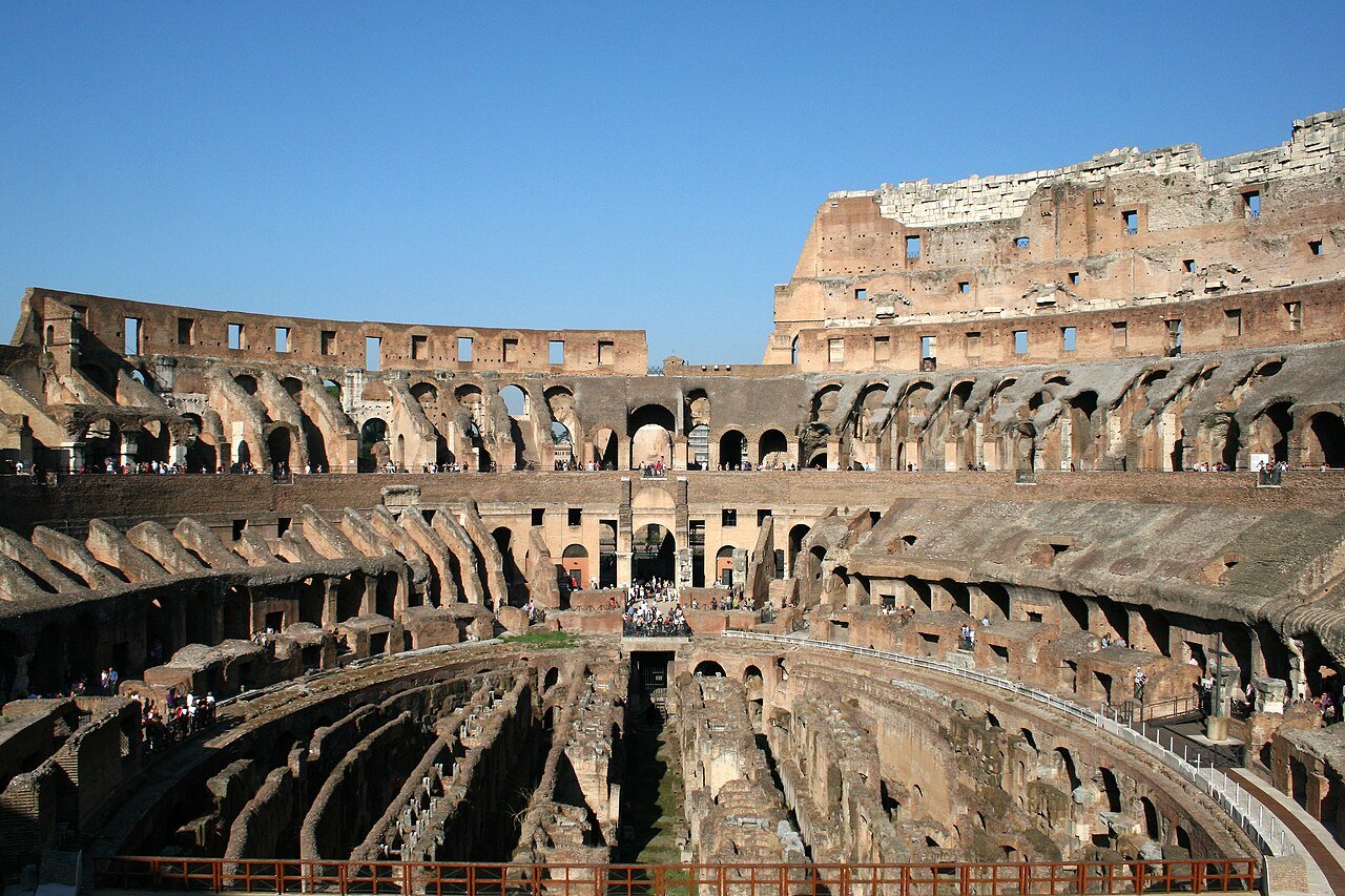 Exposed hypogeum walls beneath the former Colosseum arena.
