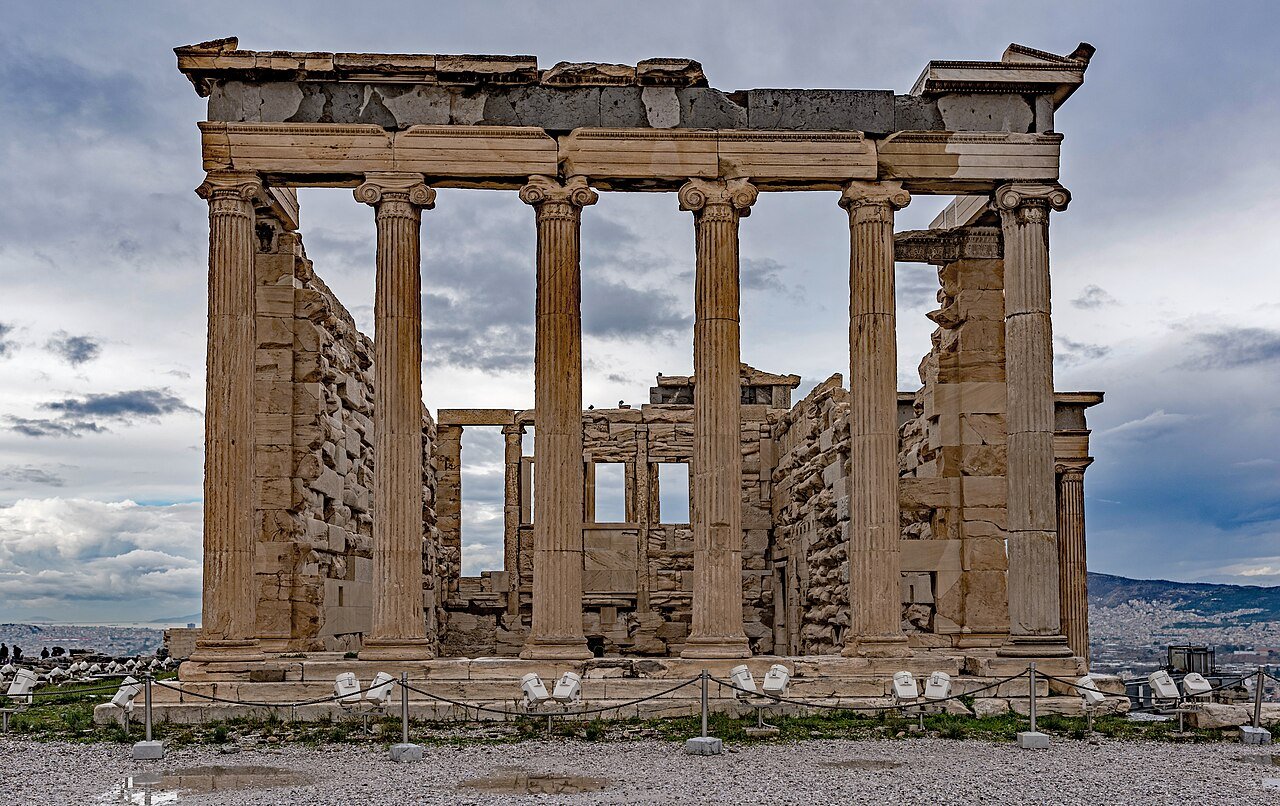 The Ionic columns and carved stonework of the Erechtheion.