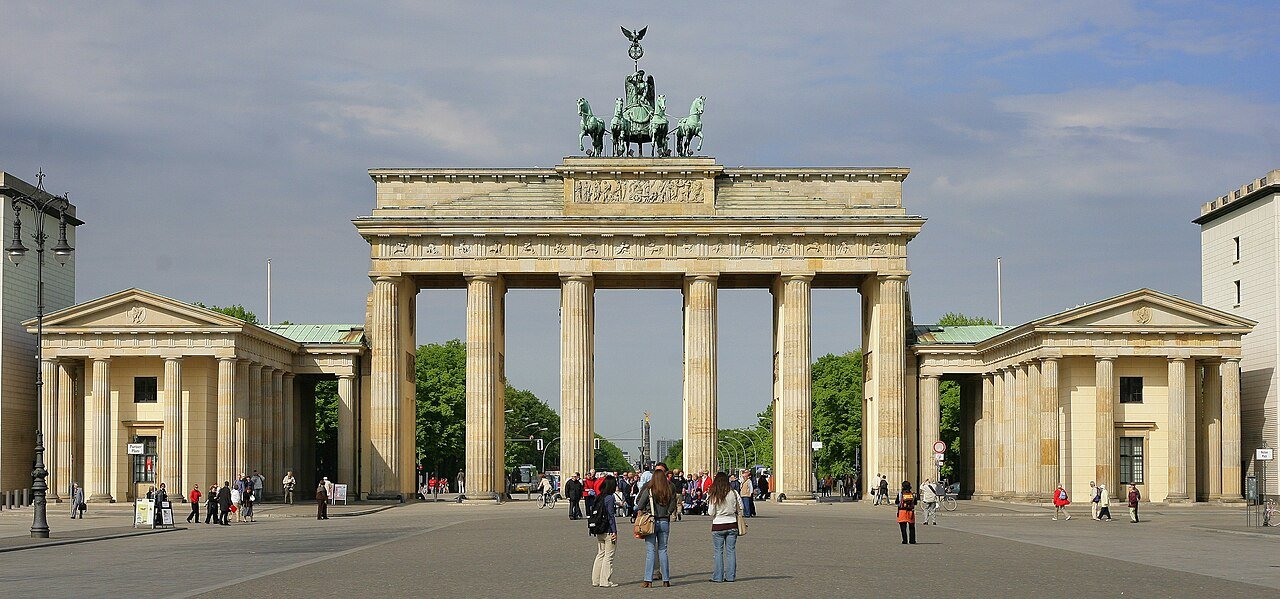 Brandenburg Gate and its Quadriga sculpture viewed from Pariser Platz in Berlin.