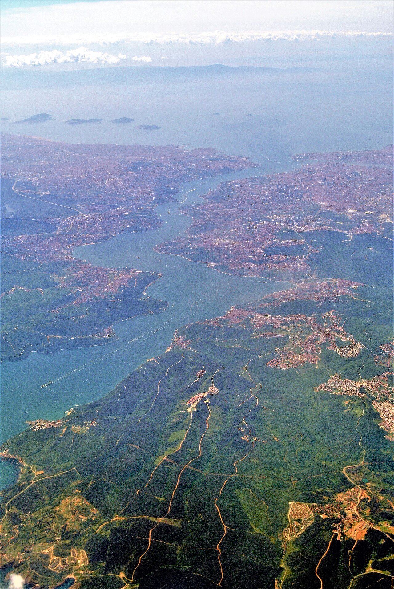 Aerial view of the Bosphorus winding between Istanbul’s European and Asian shores.