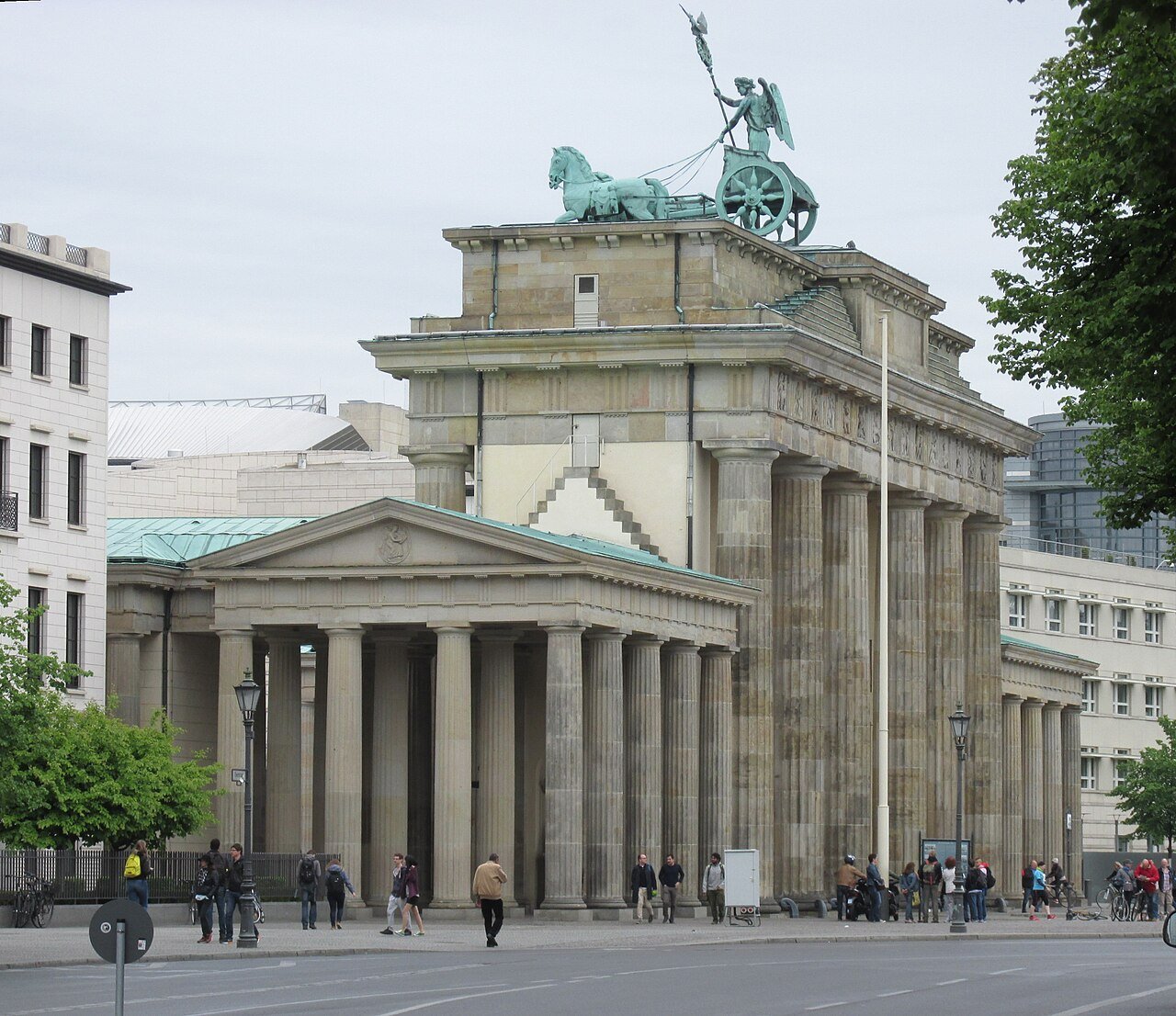 Angled view of Brandenburg Gate showing the depth of its neoclassical columns.