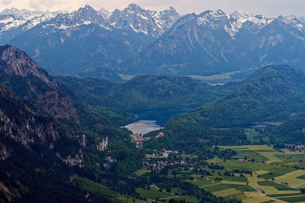 The landscape around Hohenschwangau seen from above.