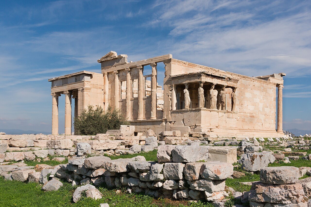 The Erechtheion and ancient stone remains on the Acropolis.