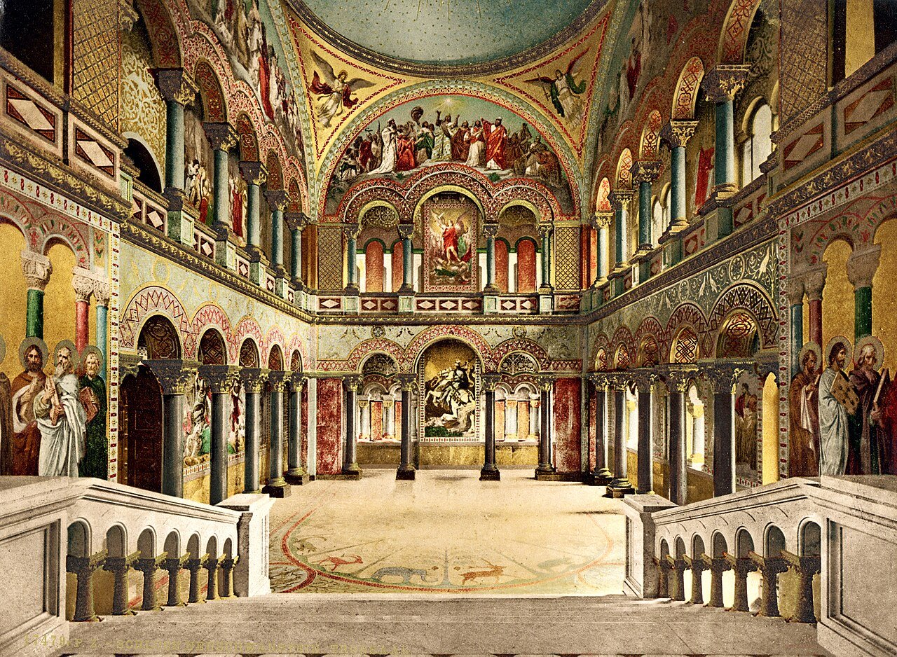 Historic colour view of the ornate Throne Hall at Neuschwanstein Castle.