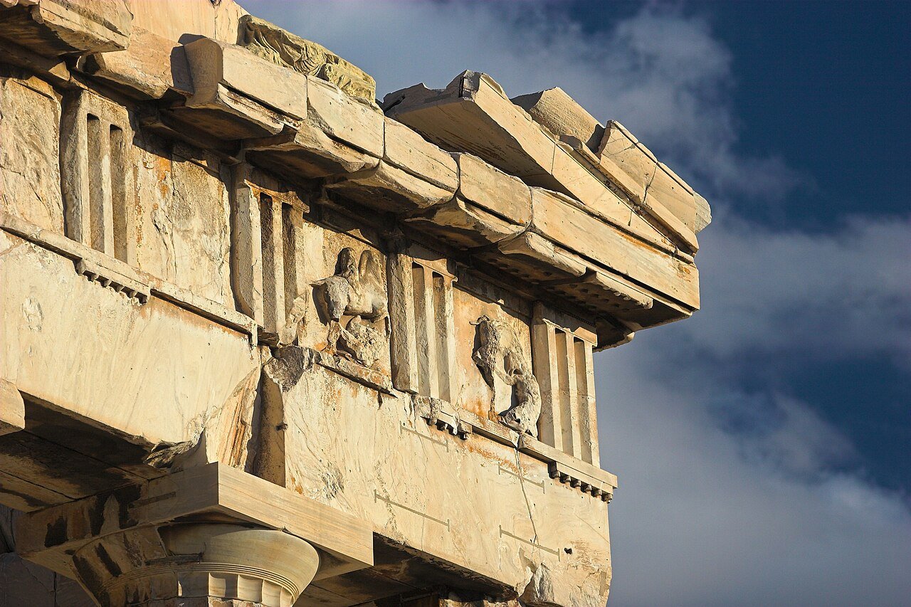 Close view of the Parthenon’s carved architectural details.