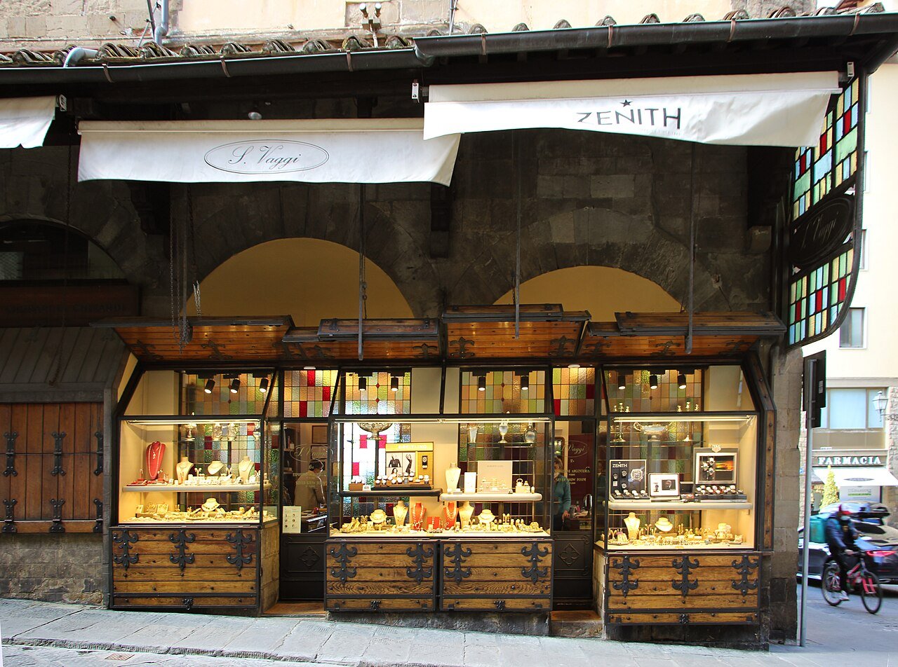 Jewellery displayed in a Ponte Vecchio shop window.