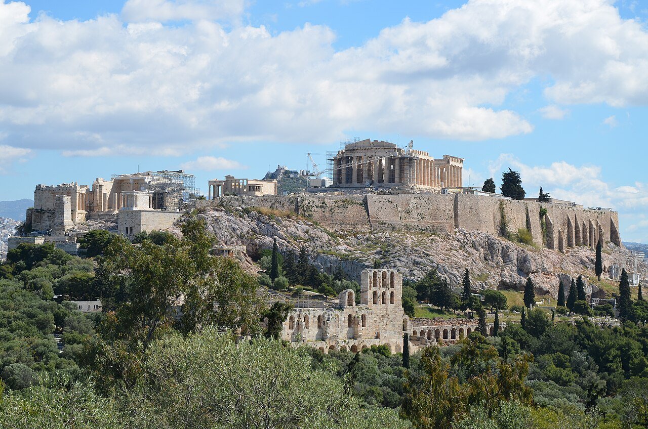 The Acropolis hill and its monuments above the surrounding city.