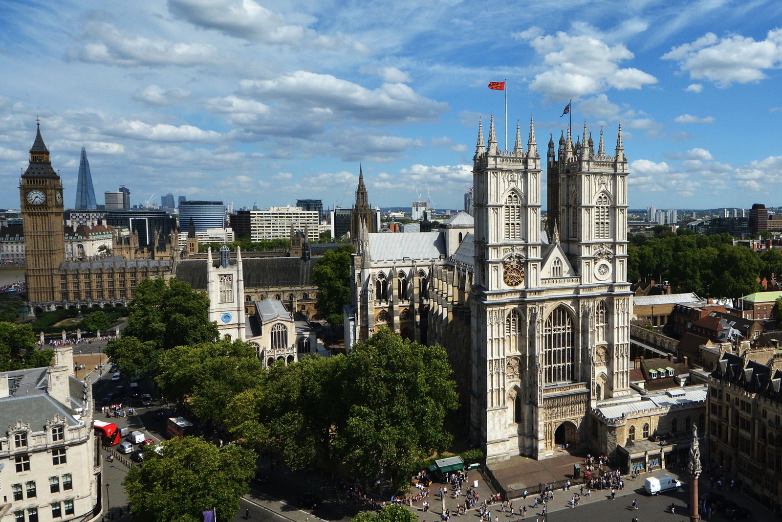 Westminster Abbey’s towers seen against the surrounding London skyline.