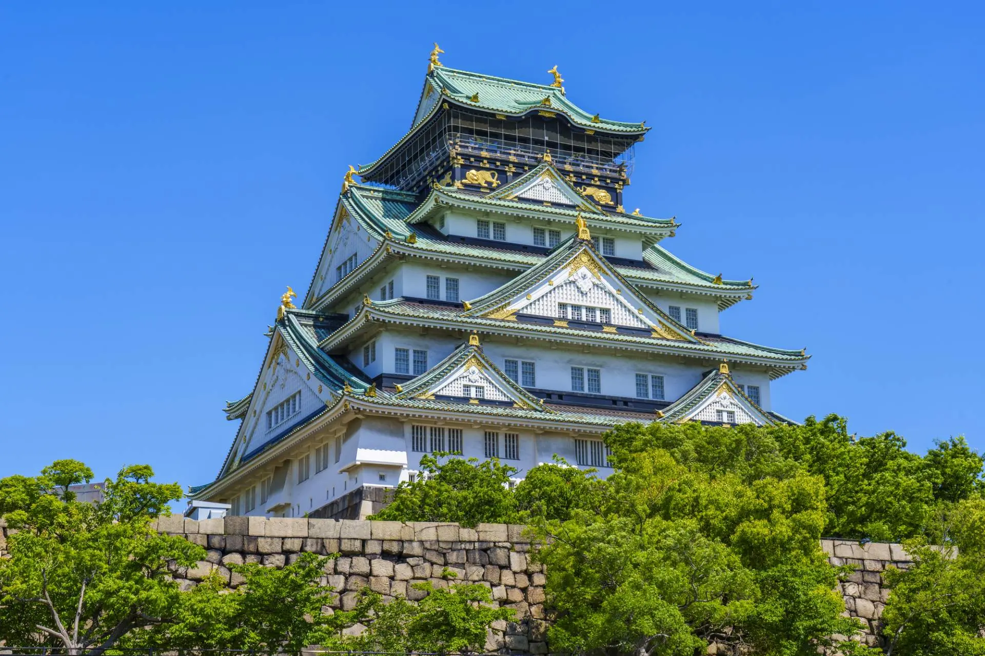 Osaka Castle main tower seen above stone walls and green trees