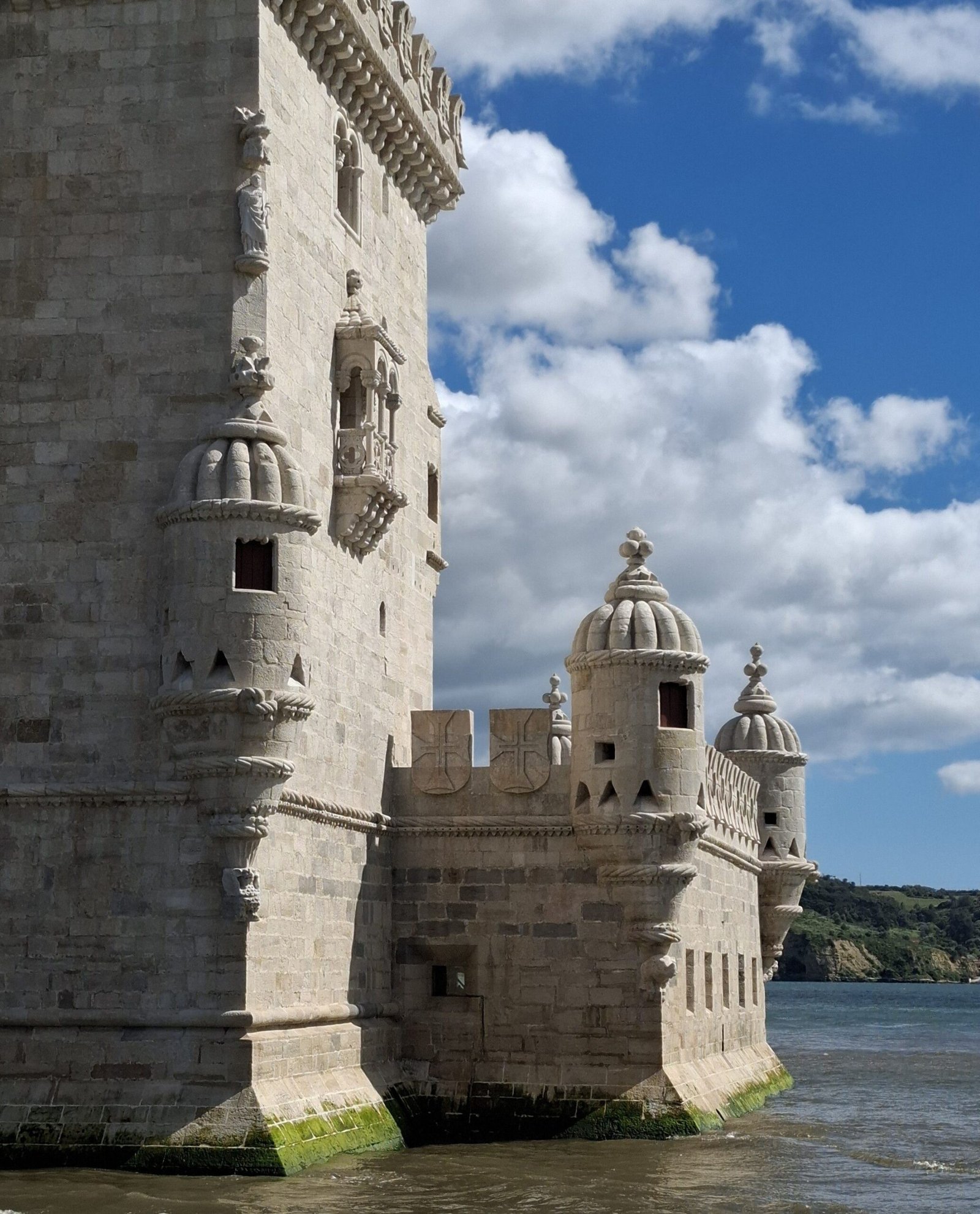 Projecting stone watchtower and architectural details at Belém Tower.