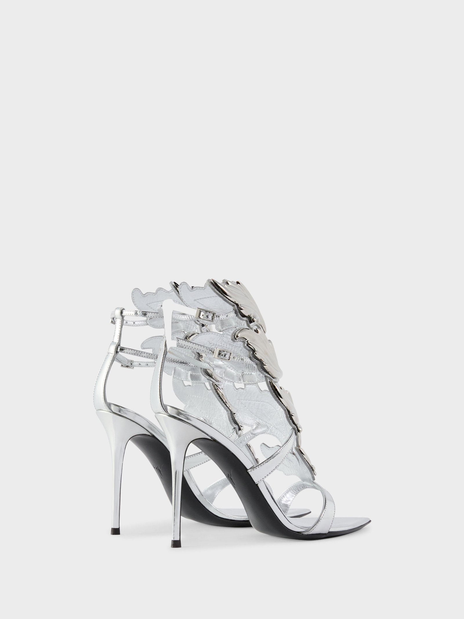 Rear profile of Giuseppe Zanotti New Cruel silver stiletto sandals.