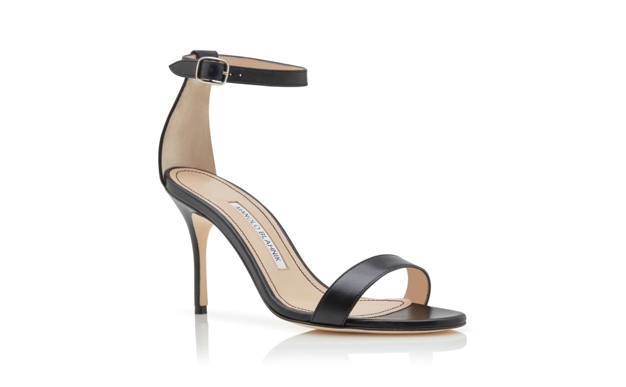 Manolo Blahnik Chaos black nappa sandal details.
