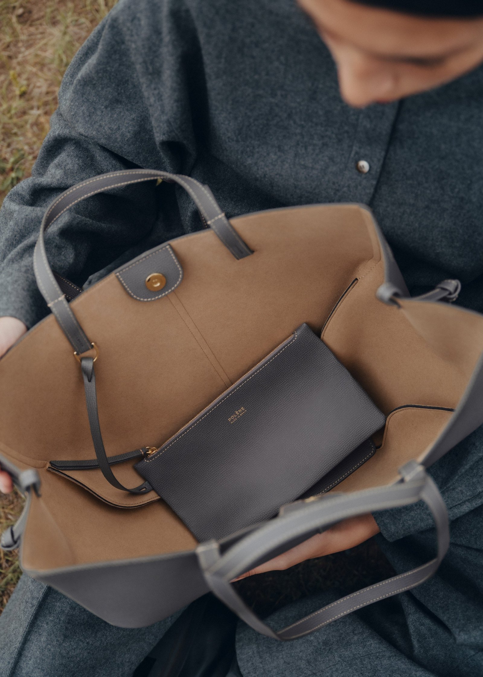 Polène Cyme textured leather, stitching and interior pocket details