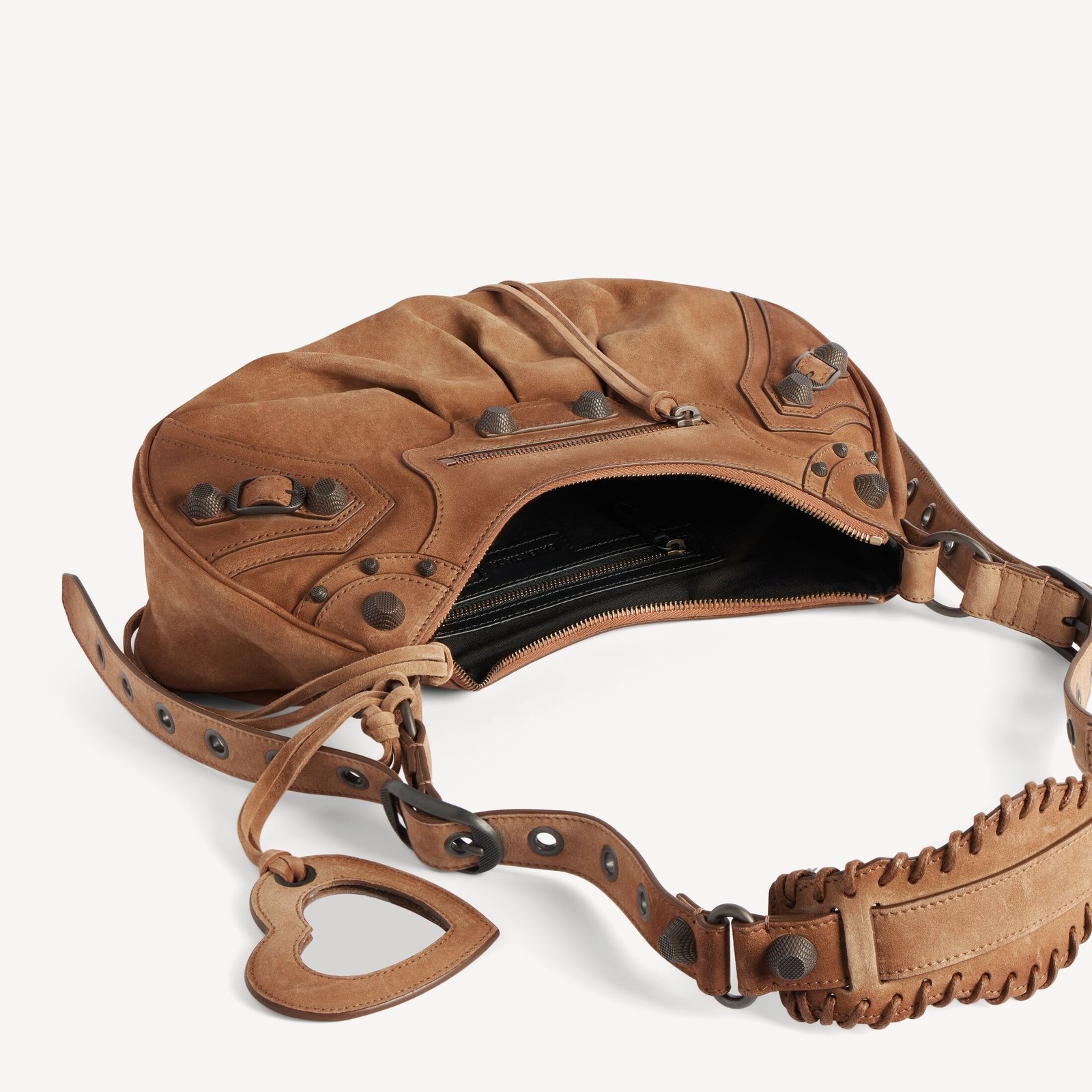 Open camel Le Cagole Small showing lining, zip closure and braided shoulder pad.