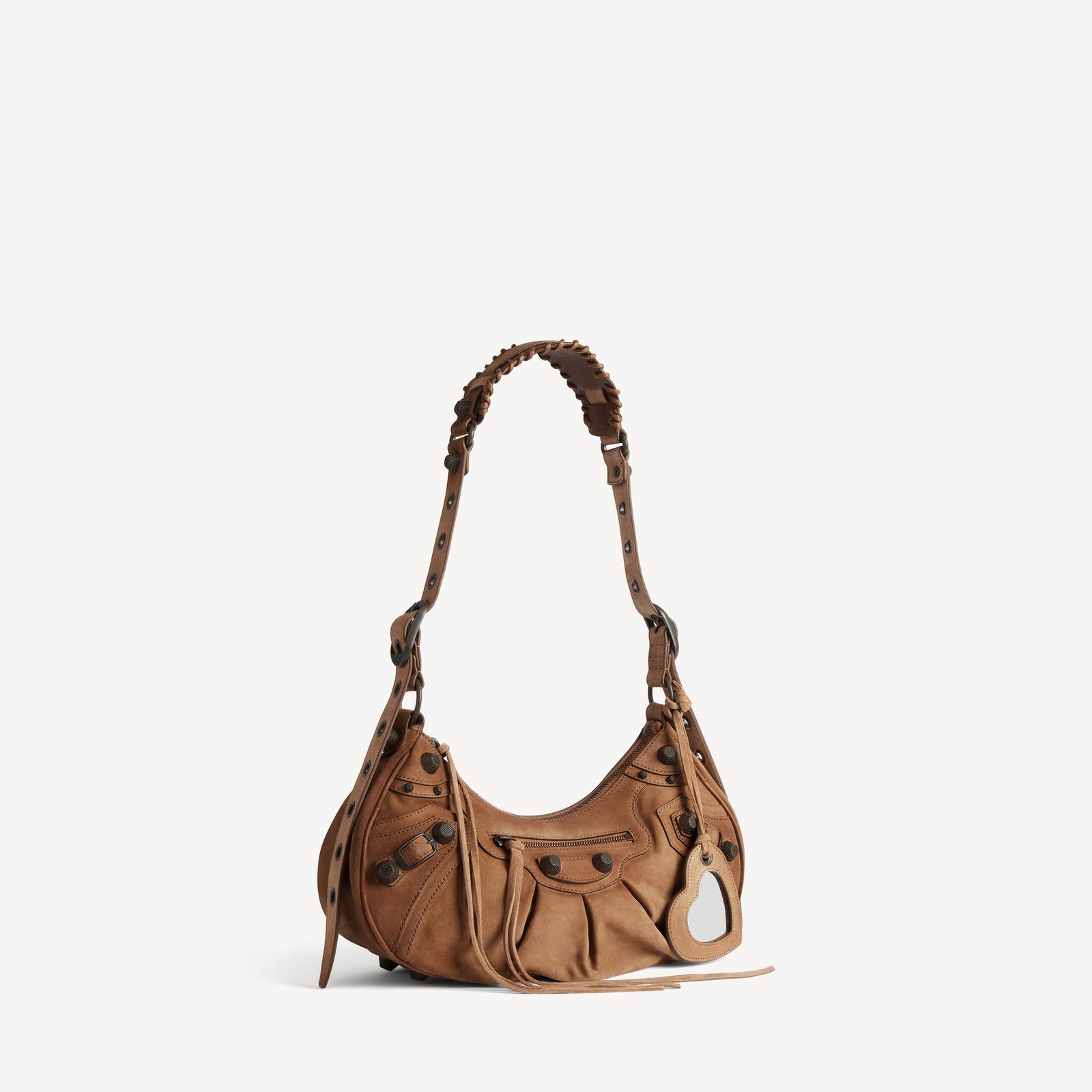 Camel waxed-suede Le Cagole Small with brass hardware and heart mirror.