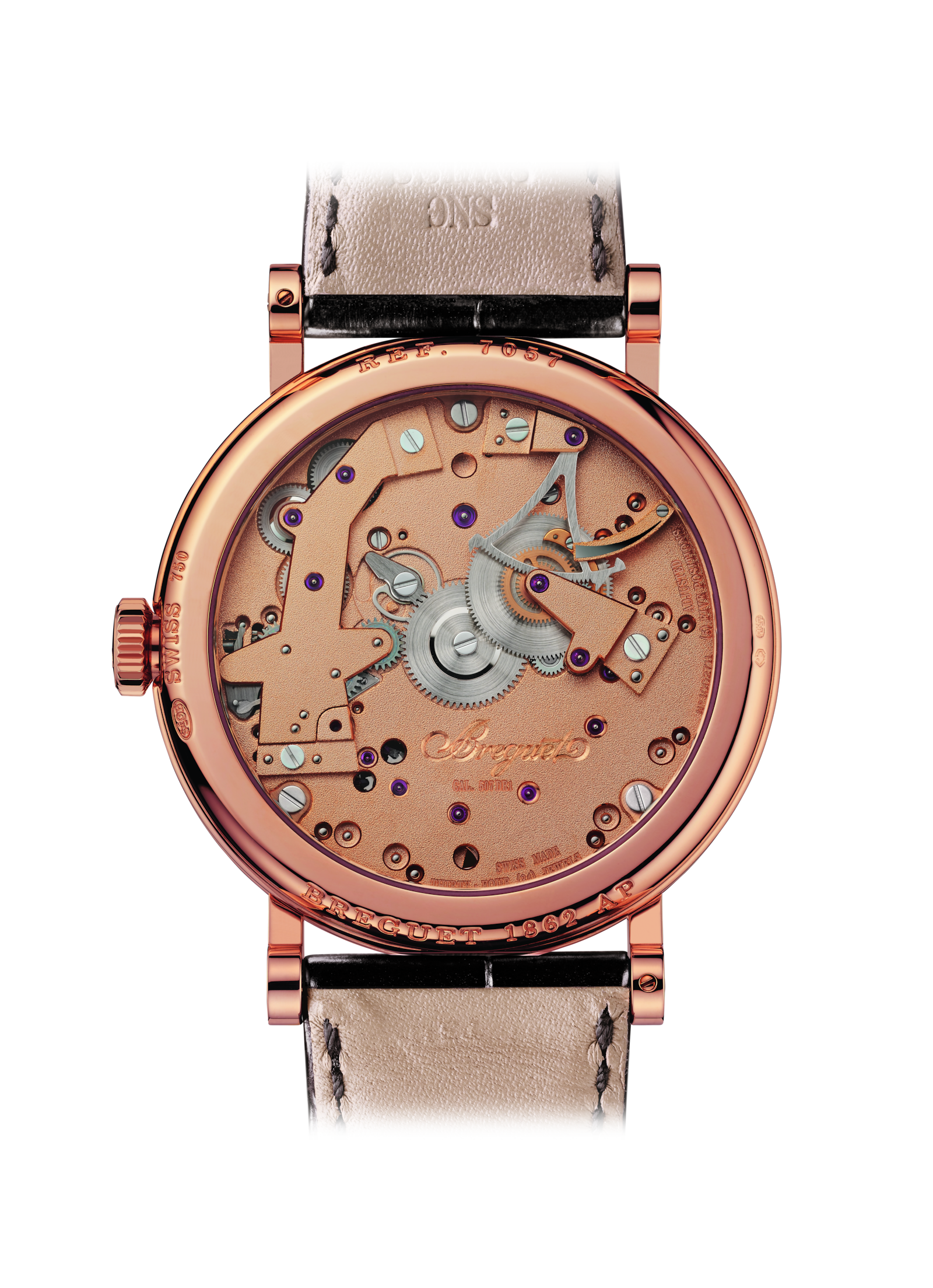Rose-gold Breguet Tradition caseback showing the movement through sapphire.