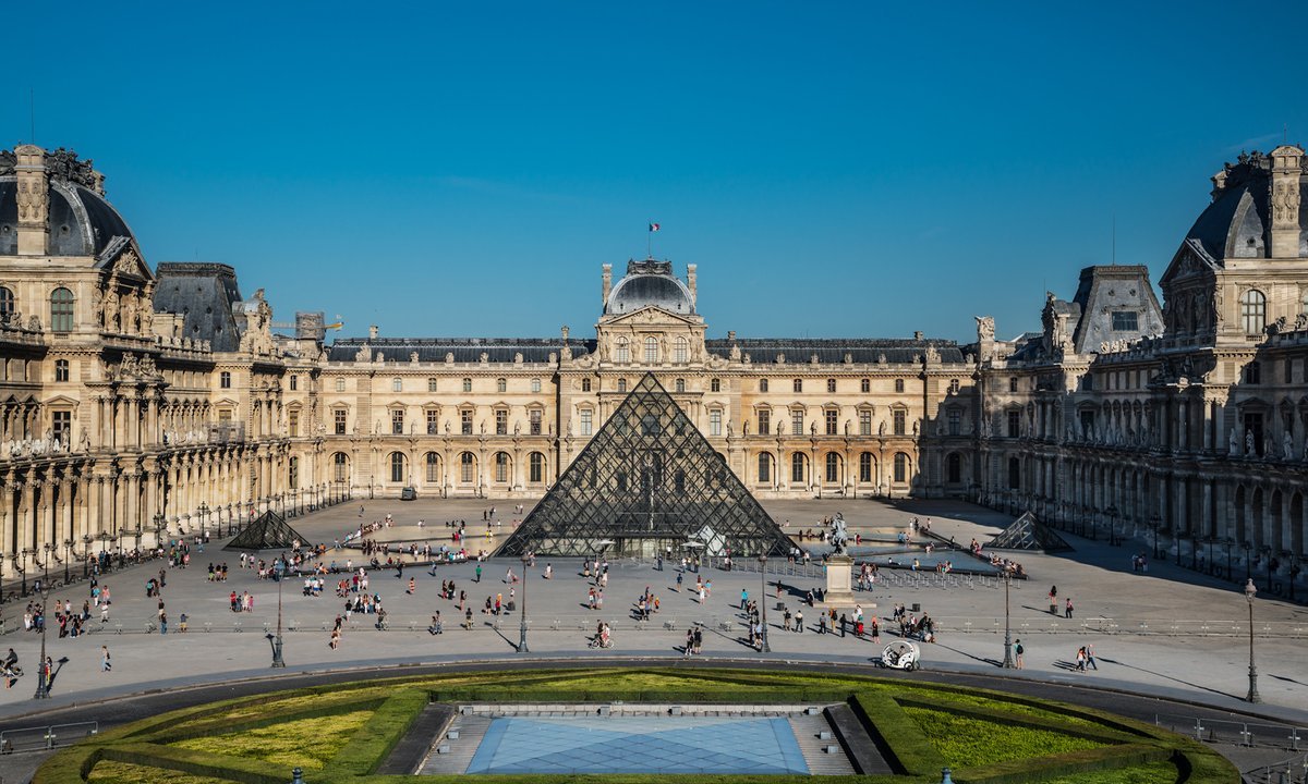 Louvre Pyramid and palace courtyard.