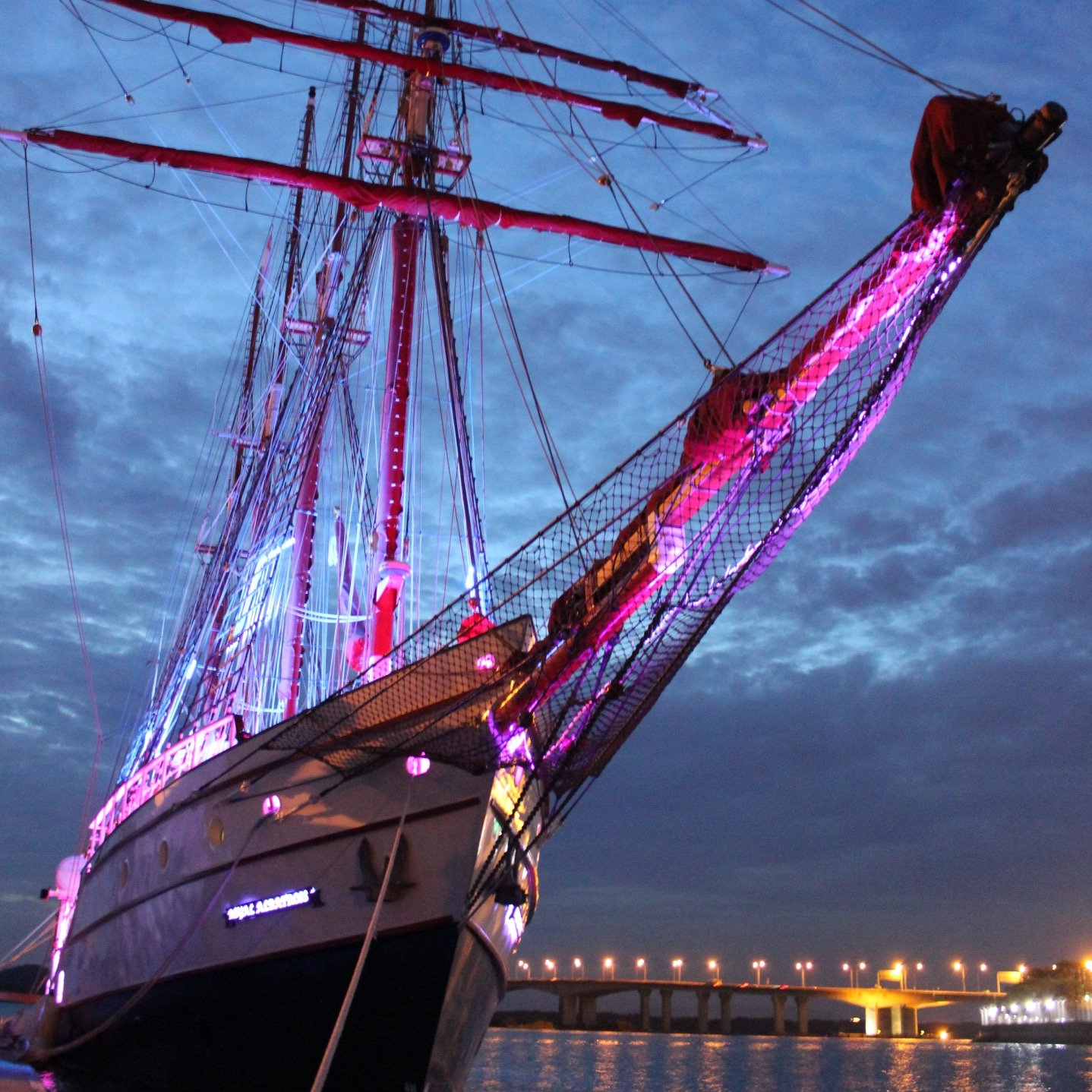 Royal Albatross bow and traditional rigging illuminated at dusk