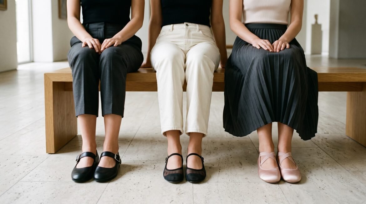Three women wearing black Mary Jane flats, sheer mesh ballet flats, and blush satin ballet flats with tailored separates.