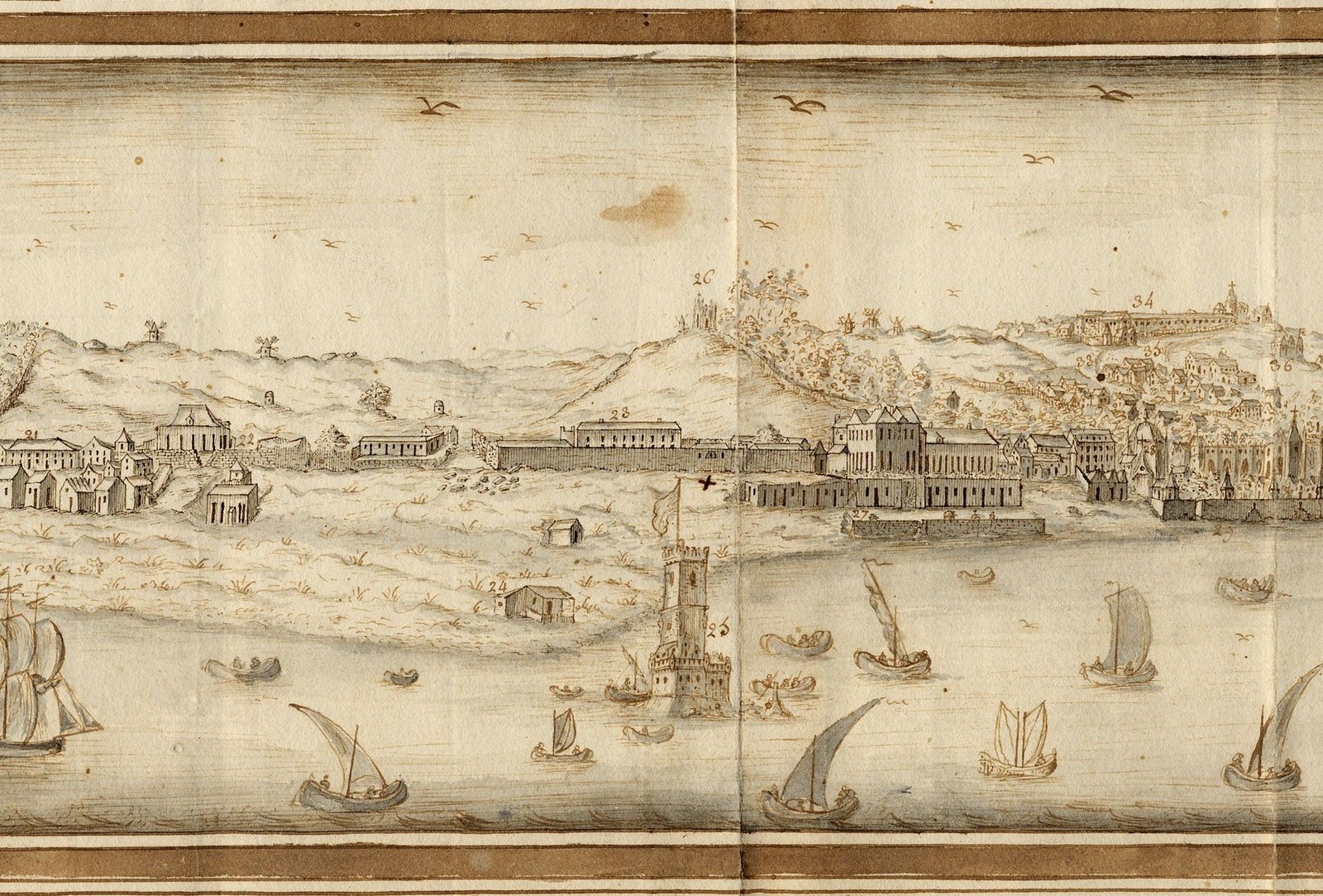 Historic illustration of Belém Tower and vessels on the Tagus.