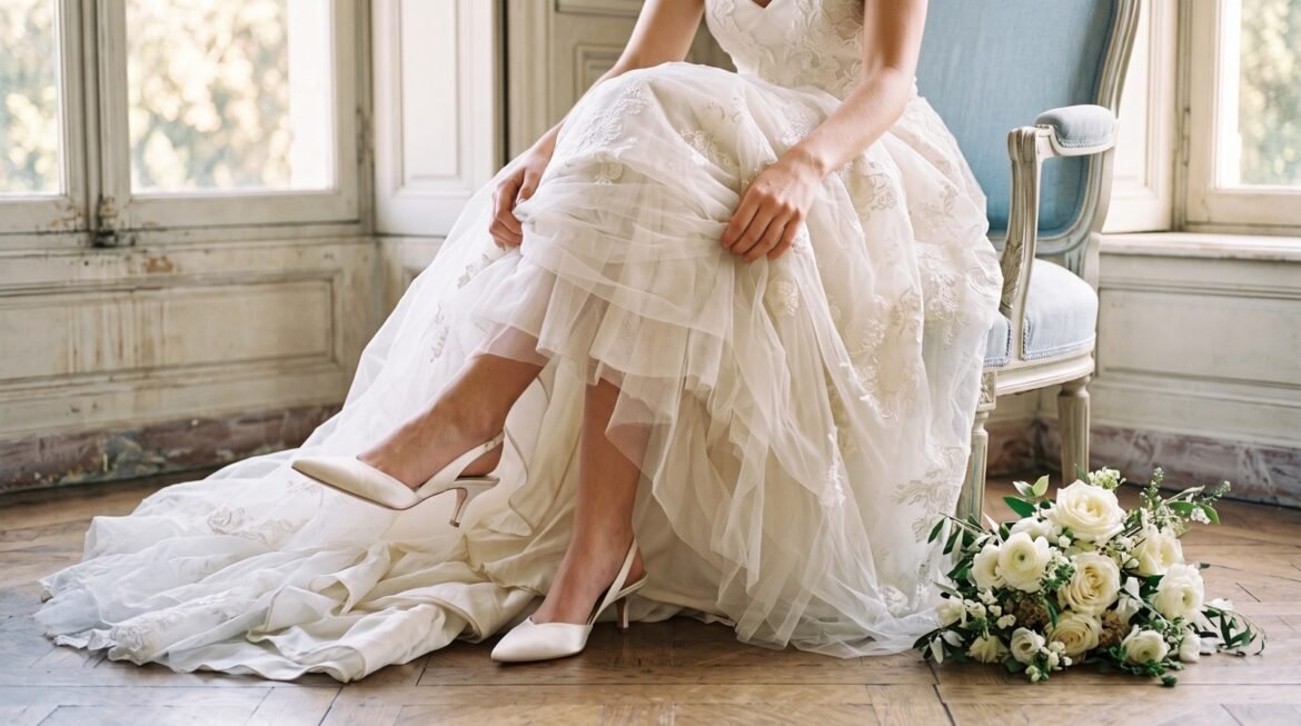 Bride lifting the hem of her ivory wedding dress to reveal ivory satin slingback heels beside a sunlit window.