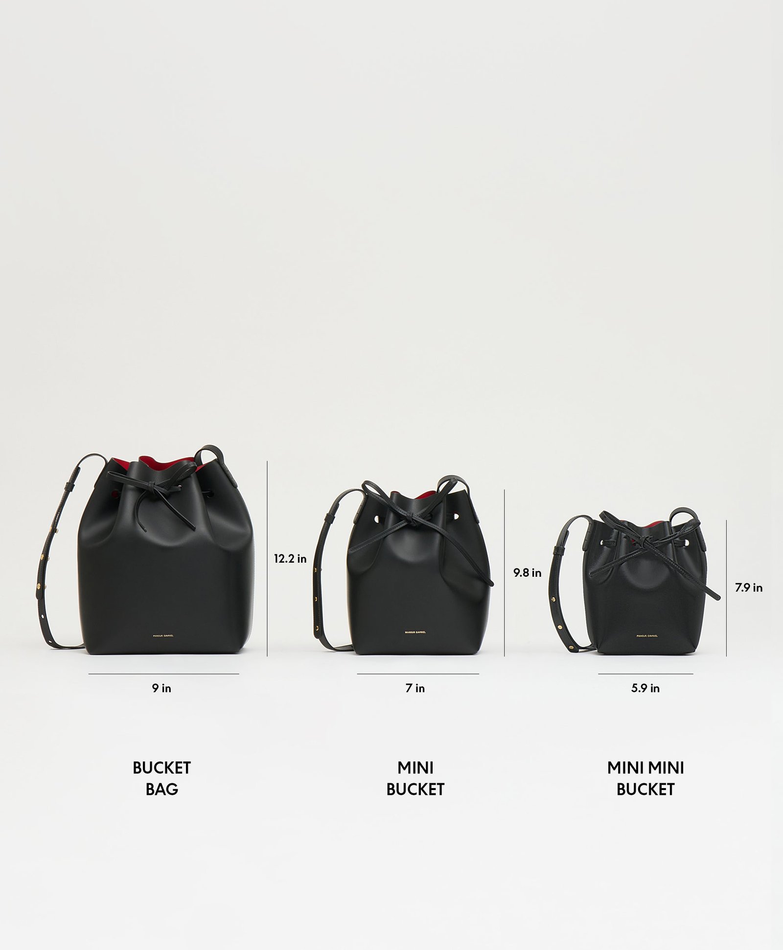 Mansur Gavriel Bucket Bag family displayed in three sizes