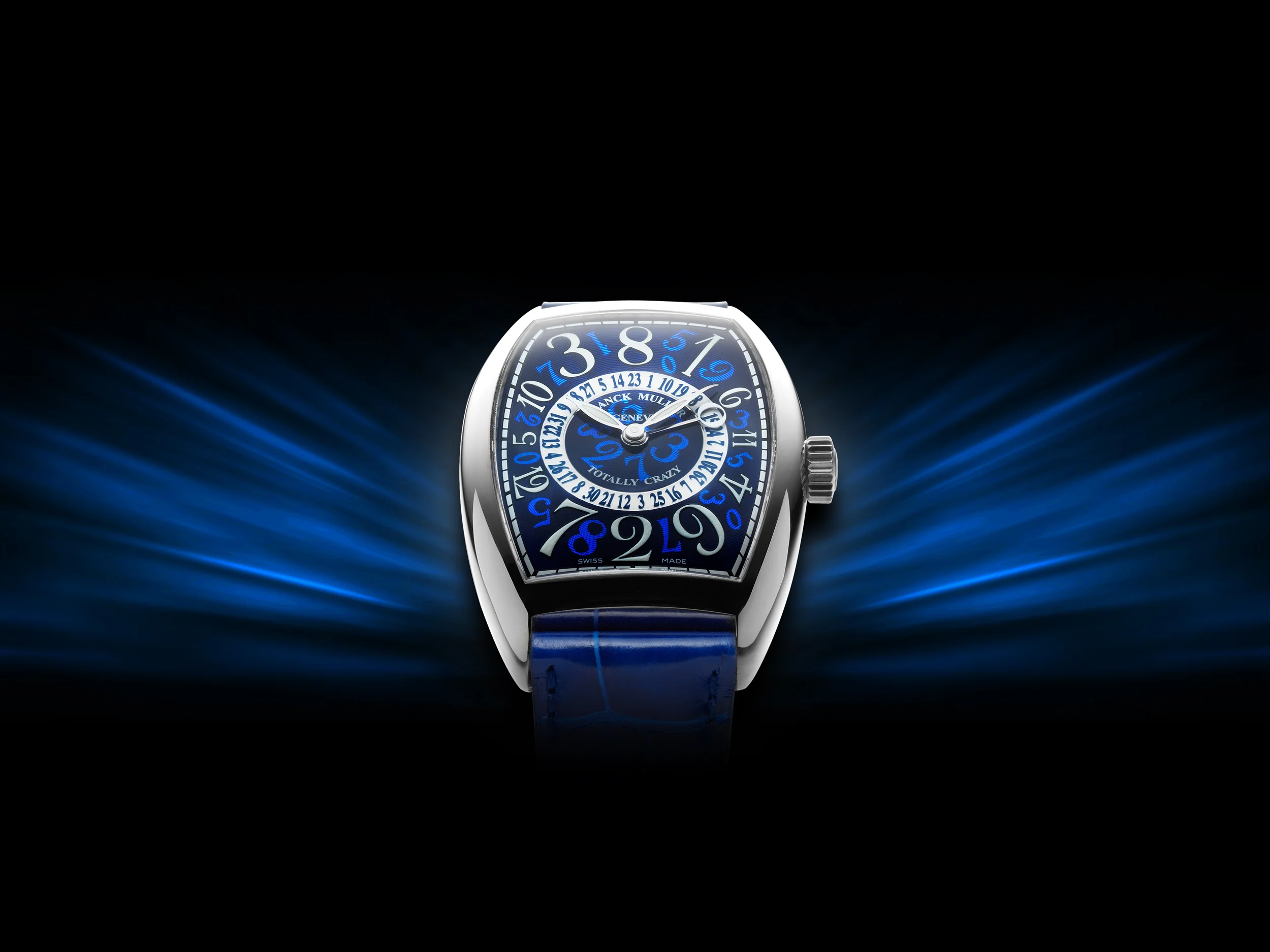 Blue-dial Franck Muller Crazy Hours with hour numerals in unconventional positions.