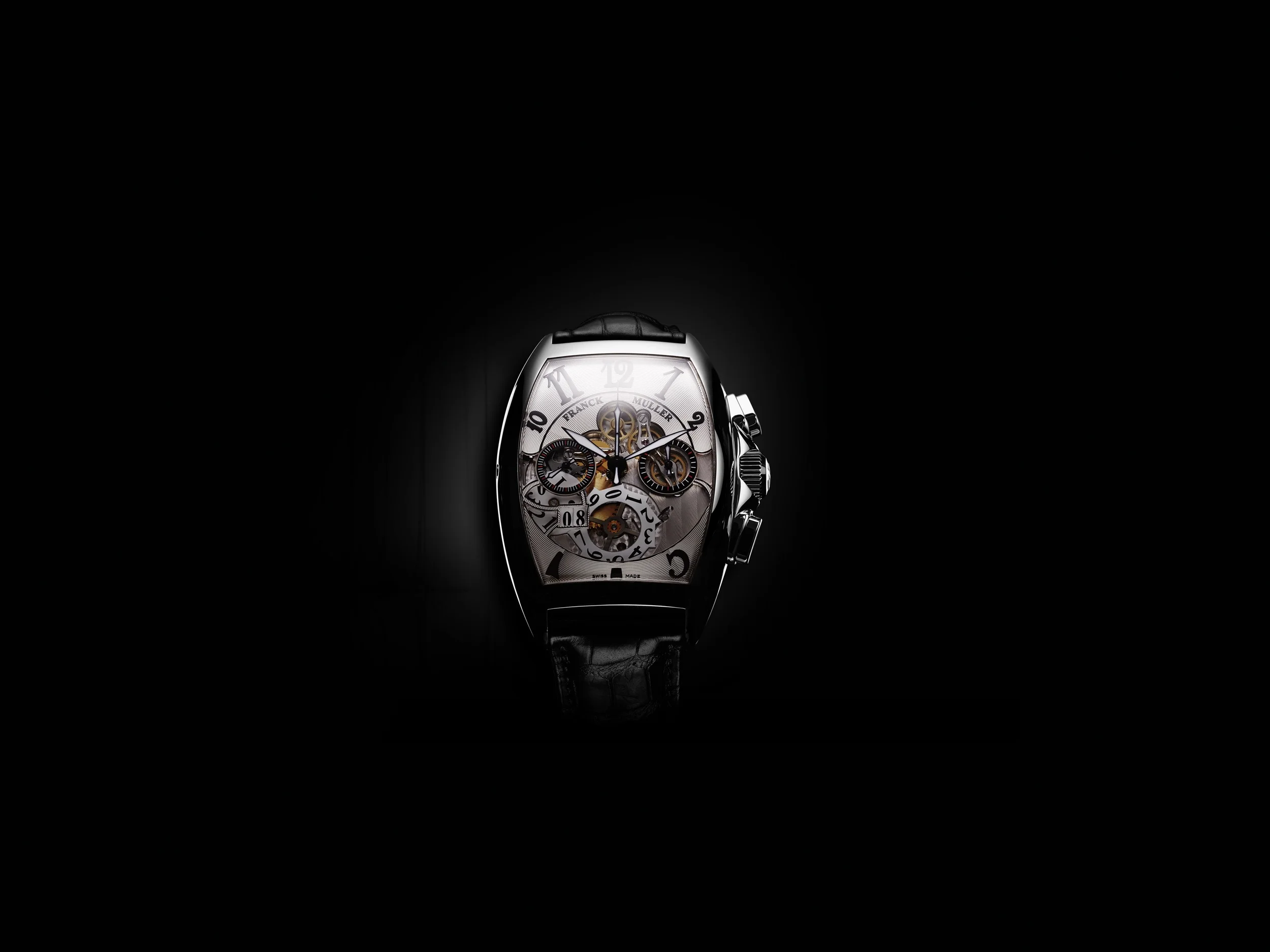 An openworked Franck Muller Cintrée Curvex with an elongated tonneau case.