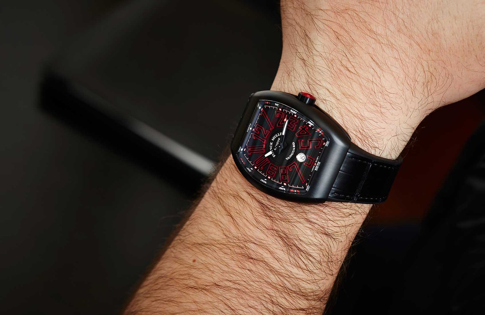 A dark Franck Muller Vanguard worn on the wrist.