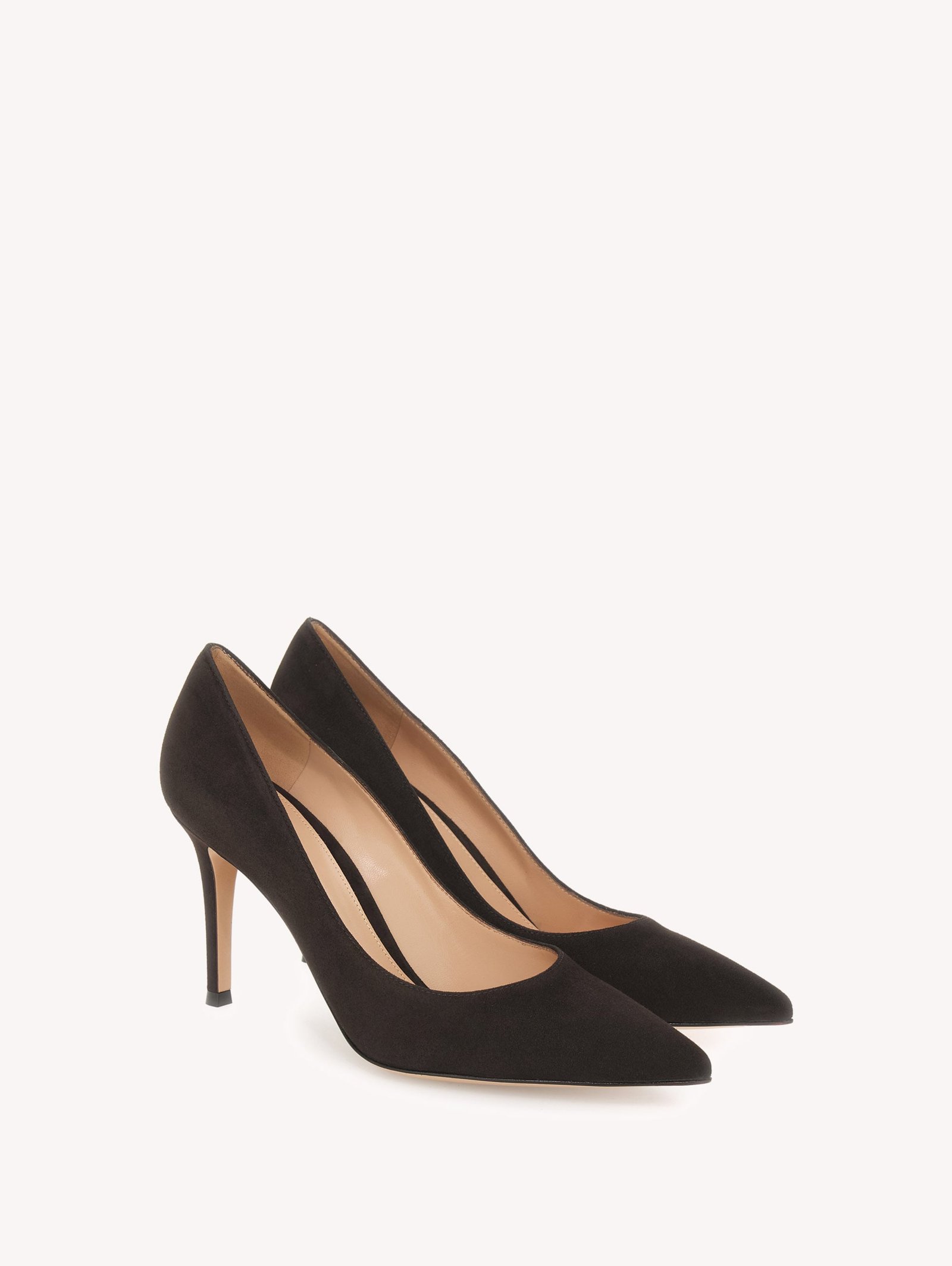 Brown suede Gianvito 85 pumps with a restrained pointed silhouette.