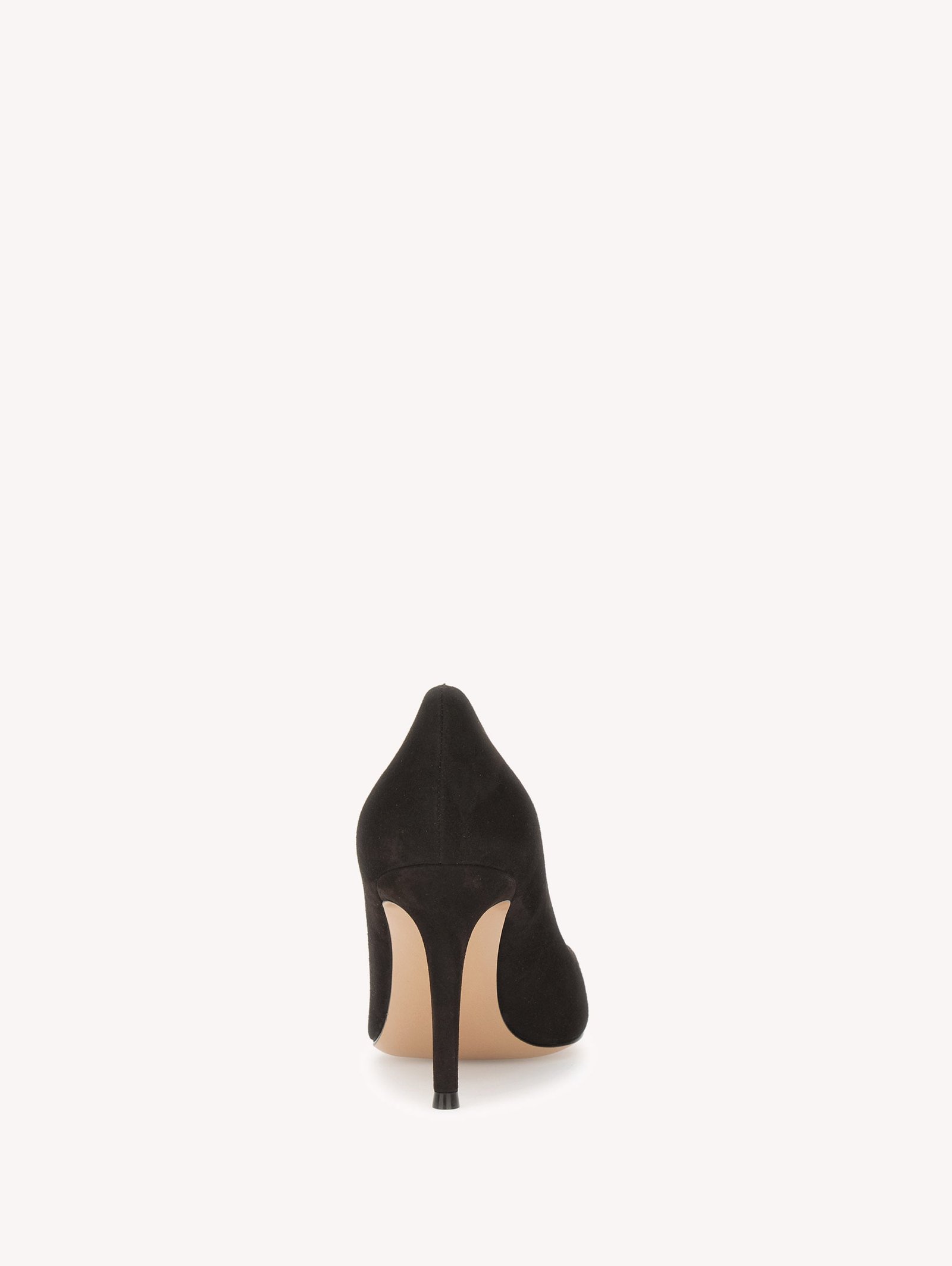 Rear view of a brown suede Gianvito 85 pump showing the slim heel and sole.