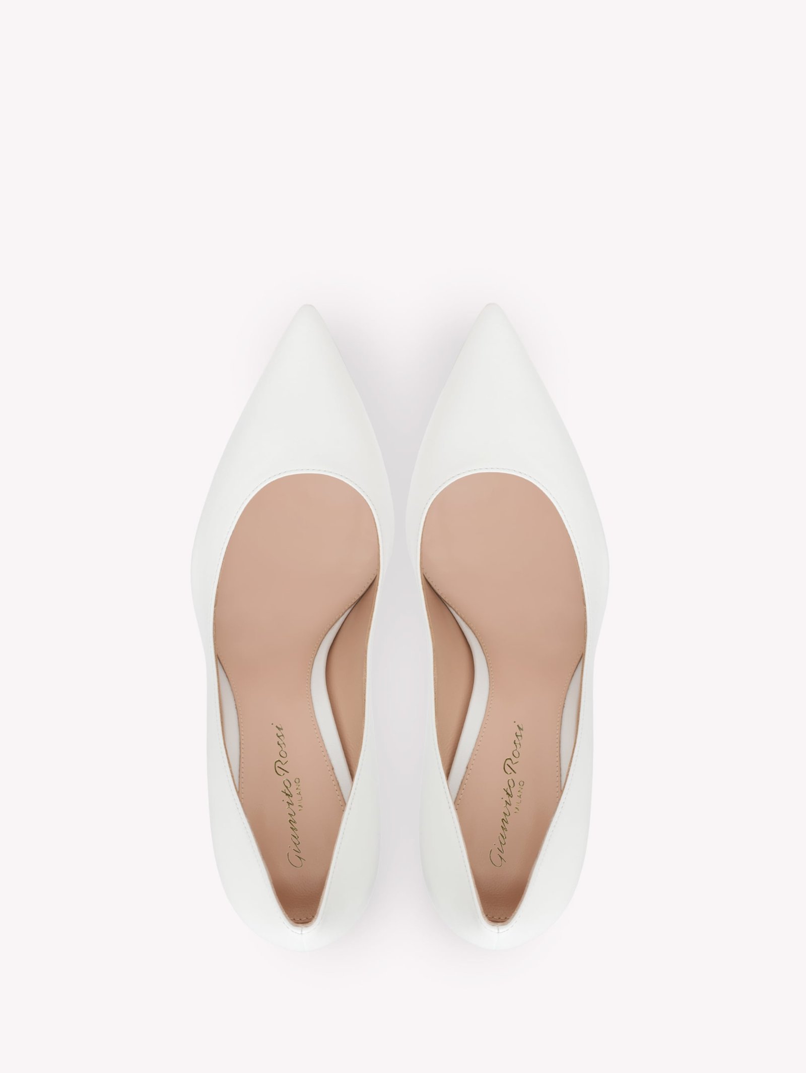 Overhead view of white nappa Gianvito 105 pumps.