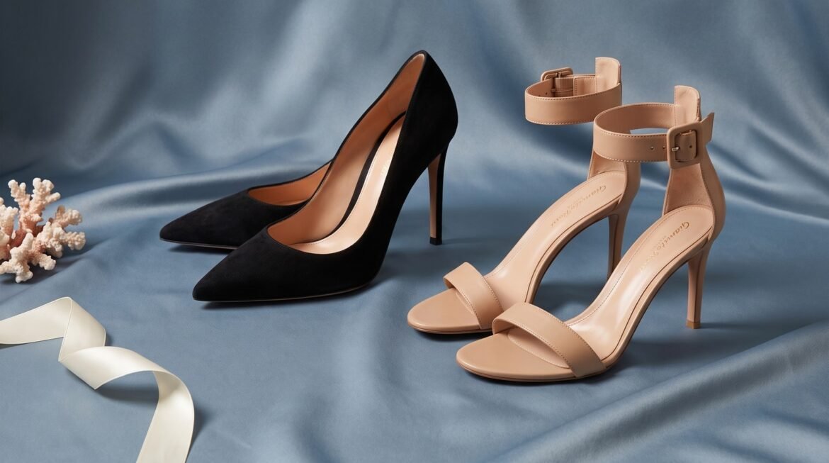 Black suede Gianvito Rossi Gianvito 105 pumps and nude leather Portofino 85 sandals arranged on blue satin.